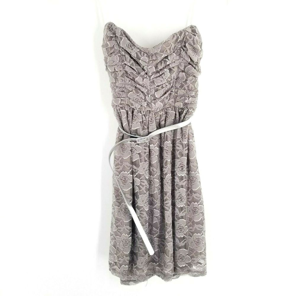 AUW Lace Ruche Strapless Dress w/ Silver Belt
